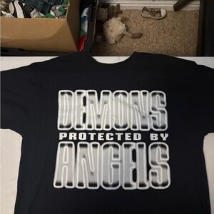 Nav VLONE Black T-Shirt with White/Gray 'Demons Protected by Angels' Graphic